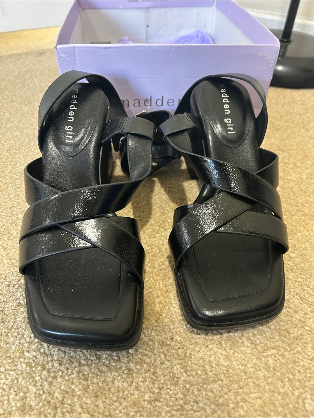 Madden Girl Black Crisscross Square-Toe Heeled Sandals